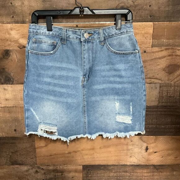 Forever 21 Skirt Blue Jean 5 Pockets Distressed Denim Button Zip Front Large - Picture 8 of 8